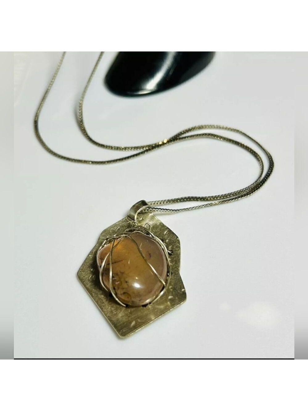 Vintage Artesian 925 Sterling Silver Amber Stone Pendant Necklace 24”